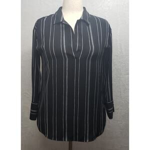 Ann Taylor Black White Striped Tunic Blouse Split Neck Long Sleeve Women’s XS
